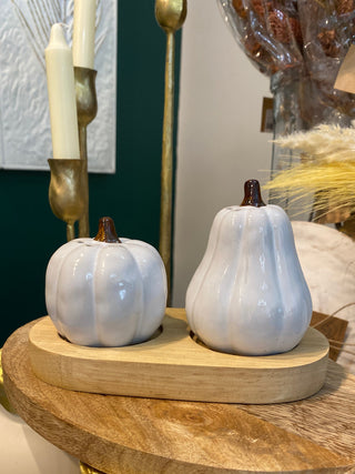 Stoneware Pumpkin Shaped Salt and Pepper Shakers w/ Wood tray
