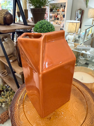 Stoneware Milk Carton Vase Reactive Glaze, Pumpkin color