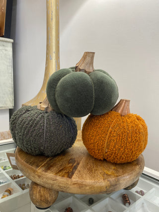 Cotton Blend Boucle Velvet Pumpkin w/ Wood Stem 4-3/4" (6styles avail)