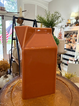 Stoneware Milk Carton Vase Reactive Glaze, Pumpkin color