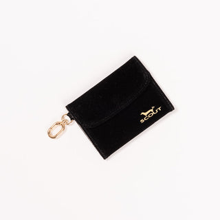 Three-piece black velvet organizer set including a wristlet strap, a zip pouch, and a snap card case, all connected by a gold-tone carabiner clip, displayed on a white background.