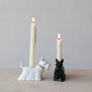 Ceramic Scottie Dog Shaped Taper Holder with Gold Electroplated Collar, 2 Colors
