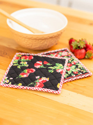 Strawberry Patchwork Black Potholder Set of 2