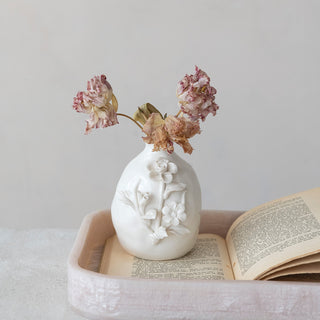 Stoneware Vase with 3D Flowers, White