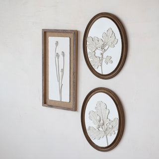 Oval Wood Framed Wall Decor with Plaster Cast Leaves & Acorns, White & Brown, 2 Styles
