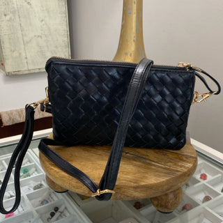 Kate Woven Three Compartment Crossbody Wristlet Bag- Black