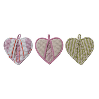 Cotton Quilted Waffle Weave Heart Shaped Pot Holder with Stripes, 3 Styles