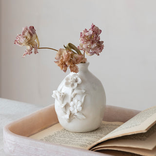 Stoneware Vase with 3D Flowers, White