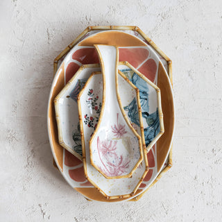 Hand-Painted Stoneware Octagon Shaped Plate with House, Palm Tree & Bamboo Style Edge
