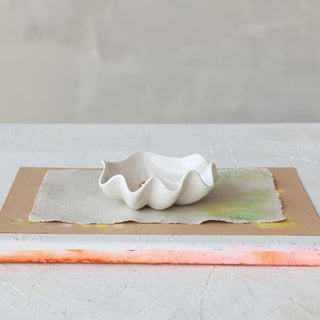 Stoneware Clam Shell Shaped Dish with Gold Electroplated Faux Pearl