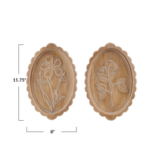 Wood Scalloped Wall Décor w/ Laser Etched Botanicals, Natural, 2 Styles