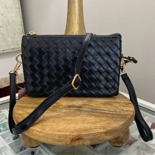 Kate Woven Three Compartment Crossbody Wristlet Bag- Black