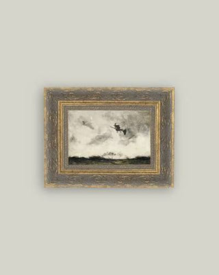 Witch Flying Through the Night Framed Antique Art - 10x8