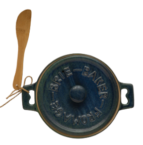 Stoneware Brie Baker w/ Bamboo Spreader - blue green