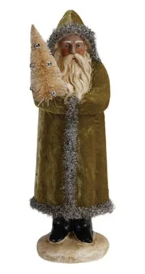 XS8668 Paper Mache & Velvet Santa w/ Tinsel & bottle brush tree