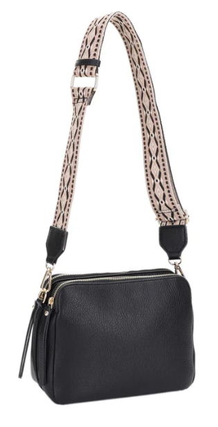 Mila 3 Compartment Crossbody Bag With Guitar Strap - Black