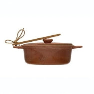 Pink Stoneware Bamboo Spreader Brie Baker, 9" L x 7" W x 3" H