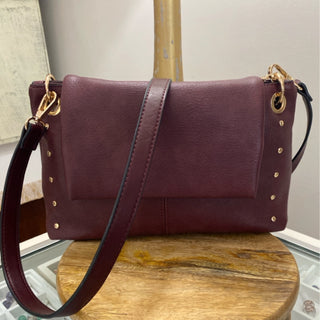 Juliana - Merlot Flapover Shoulder Bag w/ Studded Detail & Crossbody Strap