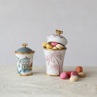 Hand-Painted Stoneware Canister with Palm Trees & Bamboo Style Edges