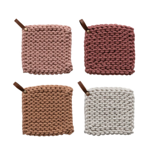 Square Cotton Crocheted Pot Holder w/ Leather Loop - 4 colors