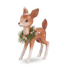 Retro Standing Deer with Wreath 9"