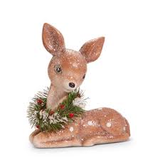 Retro Sitting Deer With Wreath 6.75"