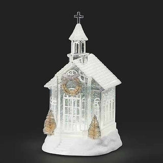 White Church W/ Tree and Wreath 10.25" LED swirl