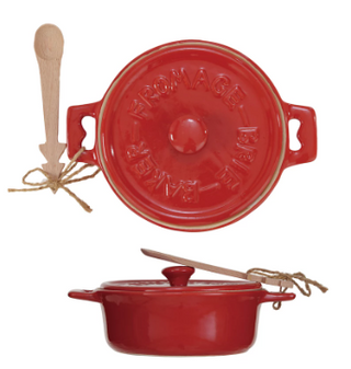 Stoneware Brie Baker w/ wood tree shaped spoon - 9" x 7"x 3" - Red