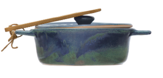 Stoneware Brie Baker w/ Bamboo Spreader - blue green