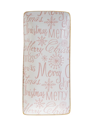 Stoneware Tray W/ Gold color Rim Merry Christmas - Pink/White