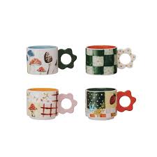 Hand-Painted 15oz Stoneware Mug w/ Flower shaped handle - DF9878A