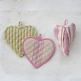 Cotton Quilted Waffle Weave Heart Shaped Pot Holder with Stripes, 3 Styles