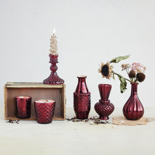 Embossed Recycled Glass Taper Holder, Burgundy